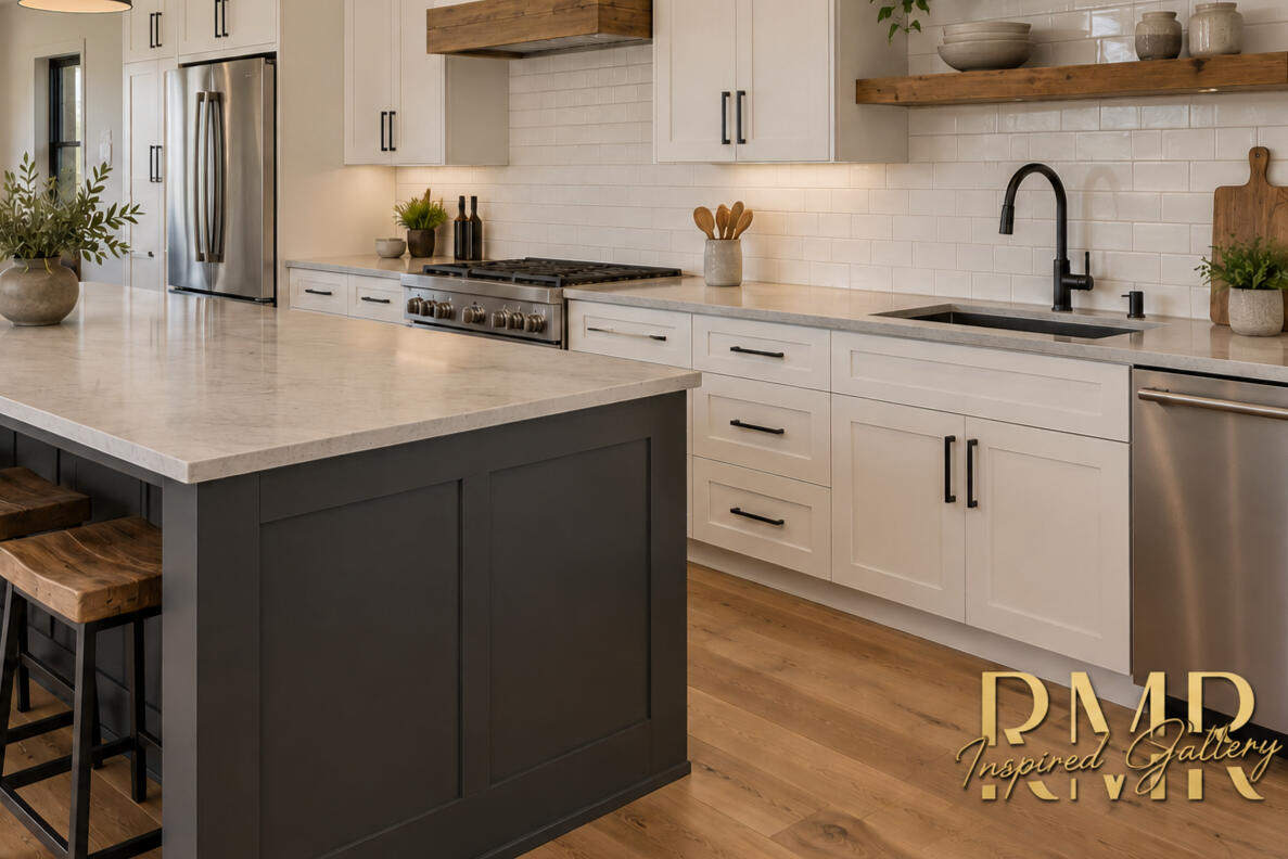 RMR Inspired Gallery — Luxury Utah Kitchen Design Luxury kitchen design by Rocky Mountain Remodeling and Design featuring white cabinetry, a dark island, wood accents, and mountain views.